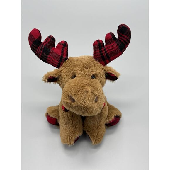Moose Reindeer Plush W/ Red Buffalo Plaid Antlers & Scarf 8” Stuffed Animal - Picture 1 of 7